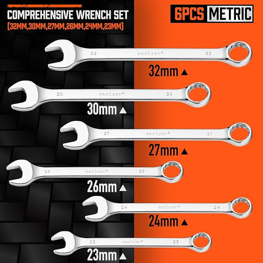HORUSDY Large Wrench Set with Rolling Pouch | Metric | 6-Piece | 23mm, 24mm, 26mm, 27mm, 30mm, 32mm | 12 Point | Chrome Vanadium Steel