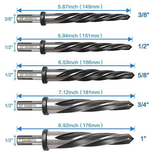 5 PCS M2 HSS Taper Chucking Reamer Set, 1/2" 3-Flat Round Shank Bridge/Construction Reamer Drill Bits for Steel, Metal, Wood, Alloy - Align and Enlarge Existing Holes to 3/8", 1/2", 5/8", 3/4", 1"