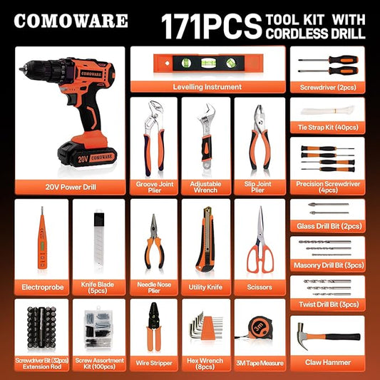 COMOWARE 20V Cordless Drill Set, 171Pcs Home Tool Set with Cordless Drill Driver, Complete Repair Tool Kit for Men, Storage Bag, Ideal for Office, Garden, DIY Project