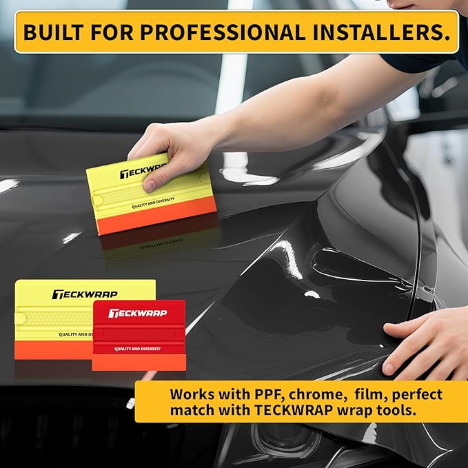 TECKWRAP Felt Squeegee for Vinyl Wrap, 2 Hardness Options Vinyl Scraper Tool with Anti-Slip Twin Ribs & Dual-Corner Design for PPF, Tint & Decals (Yellow 40A / Red 60A)