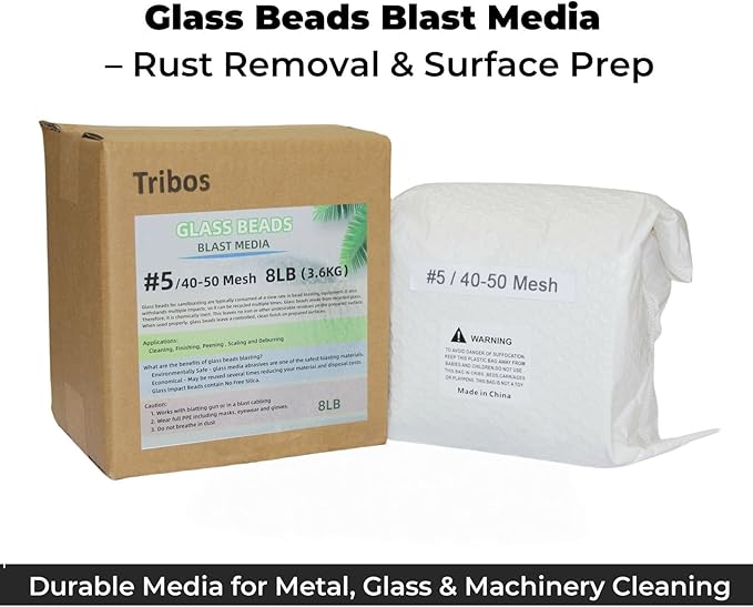 Glass Bead Media for Sandblasting ??8LB Non-Silica Reusable Blasting Abrasive for Rust Removal & Surface Finishing ??Multiple Mesh Options (# 5 (40~50Mesh))