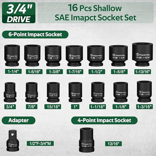 3/4" Drive Shallow Impact Socket Set, 16PCS 6-Point SAE (3/4??to 1-13/16??, 13/16??Square Socket, Heavy Duty Impact Socket Set with 1/2"F to 3/4"M Adapter for Auto, Truck, Large Equipment