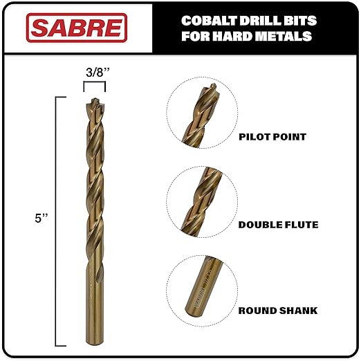 3/8 Inch Cobalt Drill Bit Set 5pcs Heavy-Duty Drill Bits for Metal, Steel, Cast Iron (3/8" x 5")