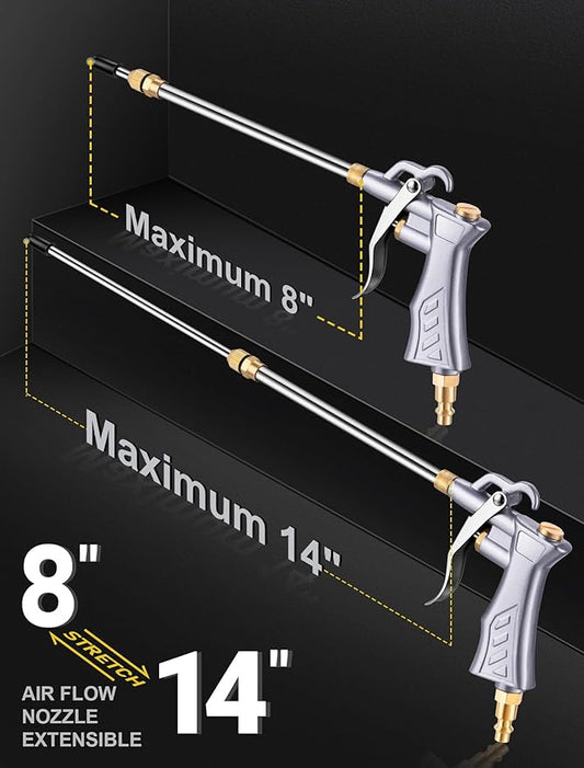 JASTIND Industrial Air Blow Gun with Brass Adjustable Nozzle, 8-14 Inch & 2 Steel Air Flow Extensions, High Volume Air Tool Dust Blower Gun for Air Compressor Attachments