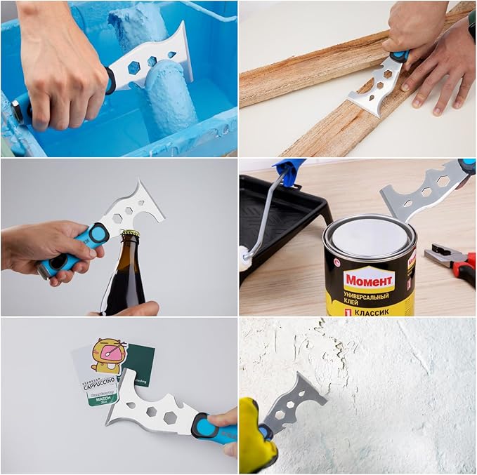 KEZERS Drywall Hand Tool Kit, 7 Pieces 3" 4" 5" 6" 8" 12" Stainless Steel Drywall Knife with Metal Hammer End, includes Putty Knife, Taping Knife, and 12" Mud Pan with Ergonomic Grip for Drywall Work