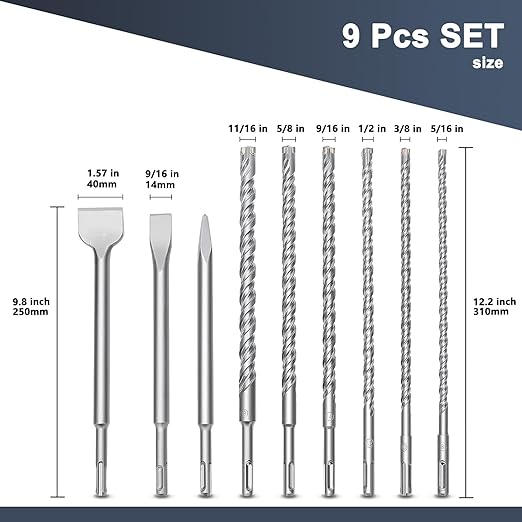 9 Pcs 5/16 to 11/16 inch (8-18mm) SDS Plus Rotary Hammer Drill Bits and Chisel Set, 8mm to 18mm SDS Plus Masonry Drill Bits Set for Concrete, Brick, Cement,Masonry Work, Length :12.2 inch