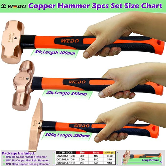 WEDO 3PCS Copper Hammer Set with Fiberglass Handle,3lb Sledge Hammer,300g Scaling Hammer,2lb Ball Pein Hammer,Die-Forge,Corrosion Resistant