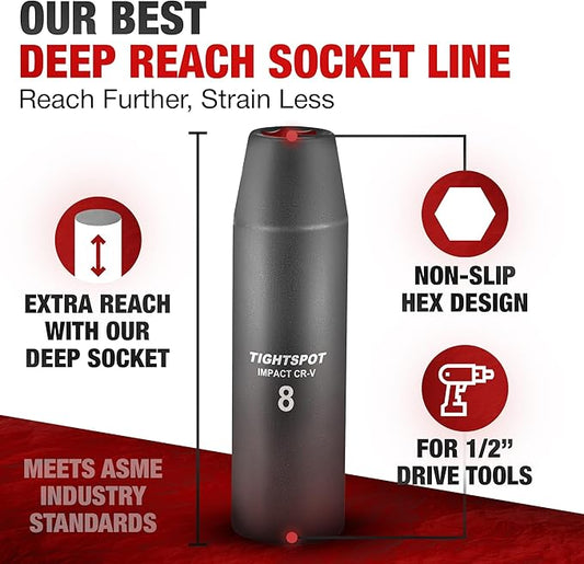 TIGHTSPOT 1/2 Inch Drive - 8 mm Deep Impact Socket with Anti-Rounding 6 Point Design, Heat-Treated CRV Steel, Metric