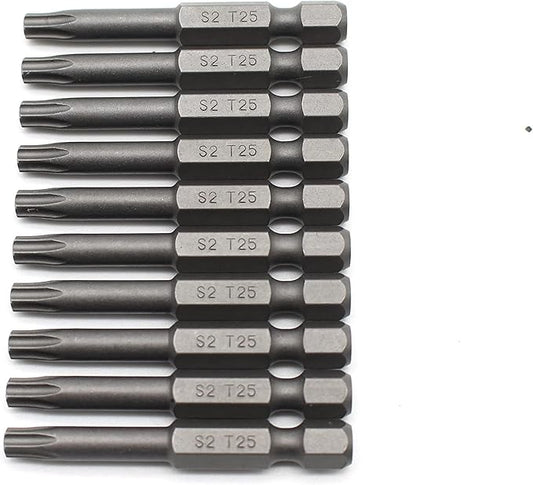 10 pc T25 Torx Star Head Screwdriver Bit Set, S2 Steel 6 Point T-25 Reduced Round Shaft Screwdriver Insert Bits Hex Shank