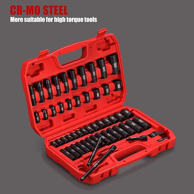 KBOISHA 1/4 Inch Drive Master Impact Socket Set, 53-Piece CR-MO Alloy Steel Socket Set SAE and Metric From 3/16 Inch - 9/16 Inch and 4mm - 15mm Standard and Deep Sockets with Heavy Duty Storage Case
