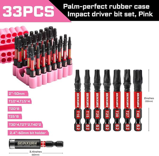 Impact Torx Screwdriver Bits Set, 33 Pieces 2?쒶agnetic S2 Steel Multi Star Driver Bits(T10-T40) and 1 Pc Bit Holder with Pink Soft Base