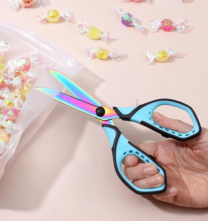 Scissors with Case, 1 Pair of Stainless Steel Titanium Coated Multi-purpose Scissors, Fabric Sewing Office Craft Soft Grip Pointed Shears Cutter for Home School Supplies (Blue & Rainbow)
