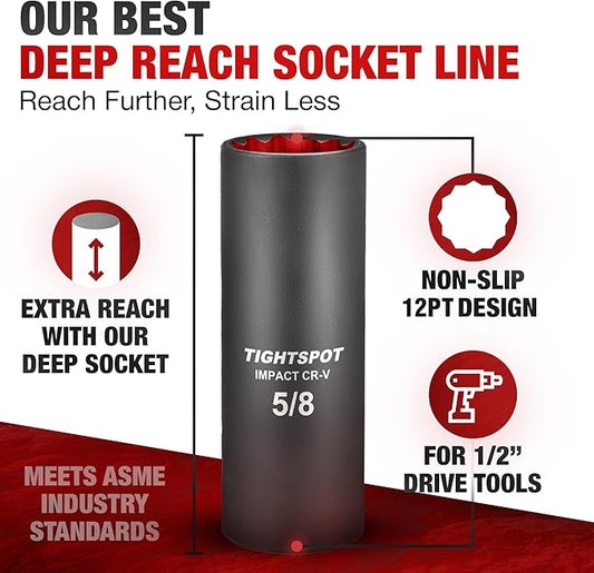 TIGHTSPOT 1/2 Inch Drive - 5/8 Inch Deep Impact Socket with Anti-Rounding 12 Point Design, Heat-Treated CRV Steel