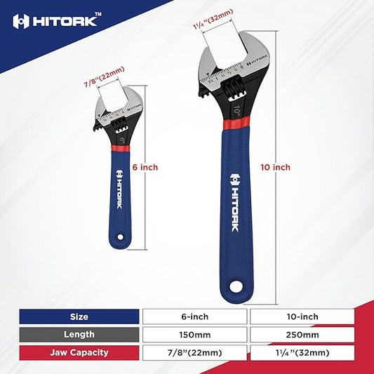 HITORK 2 piece Adjustable Wrench Set, 6 & 10 Inch, CRV Steel, Black Oxide, Double Dip Sleeve, Quick Adjust, Laser Etched SAE & Metric Scale, Anti Rust & Durable ??For Plumbing, Garage & Workshop