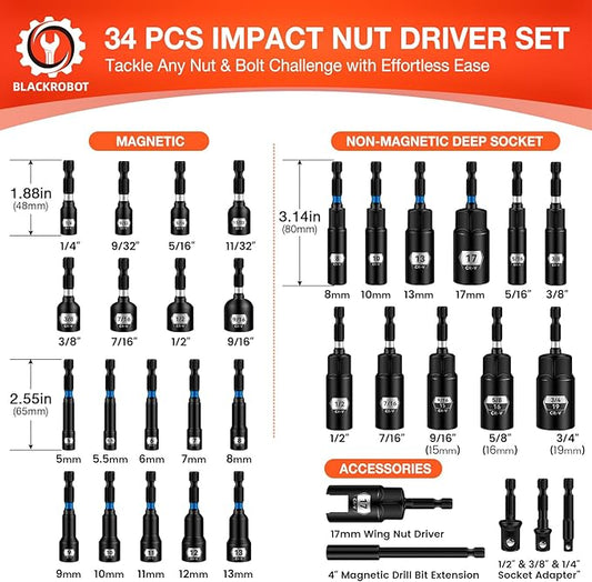 BLACKROBOT Impact Magnetic Nut Driver Set, 34-Piece Metric & SAE Driver Bit Set, Deep Nut Driver Set, 1/4'' Quick Change Cr-V Steel Hex Nut Drivers with Sturdy Tool Box
