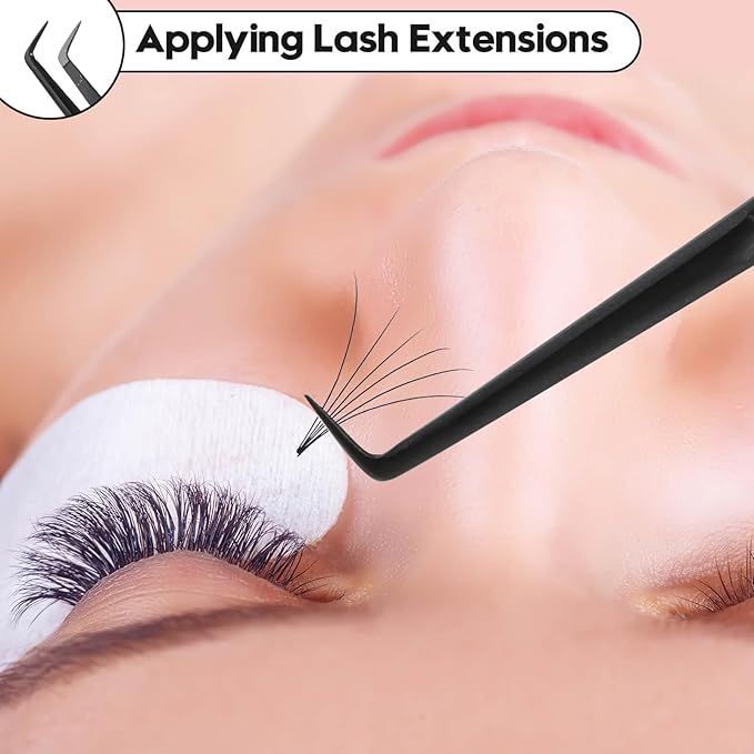 Ms.Queen Fiber Tip Tweezers for Lash Extensions, Precision 90 Degree Eyelash Tweezers for Volume & Classic Lashes,Black