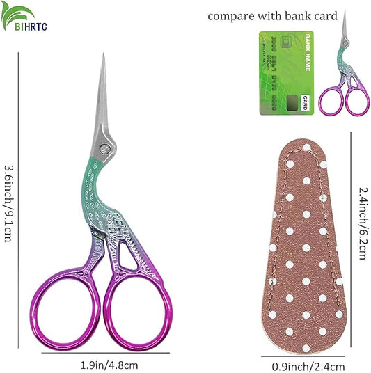 BIHRTC 3.6 Inch Small Crane Precision Detail Scissors Protective Leather Cover Stainless Steel Sharp Tip Needlepoint Scissors for Sewing Crafting Embroidery Scrapbooking
