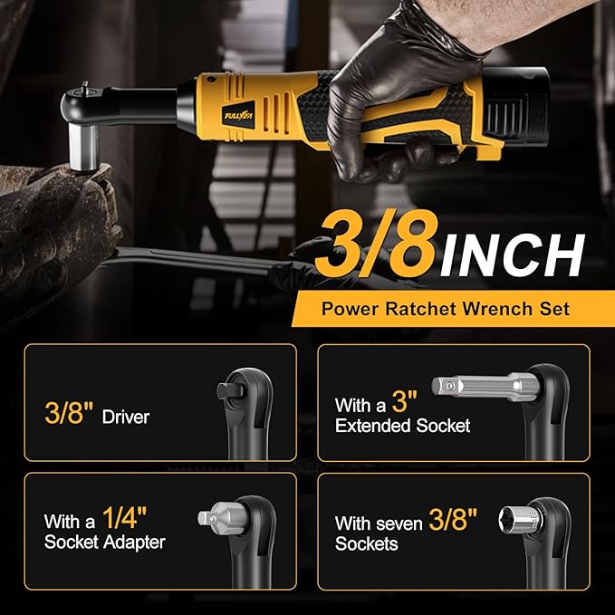 3/8" Cordless Electric Ratchet Wrench Set, 550RPM, 40Ft-lbs, 16.8V Extended Power Ratchet Tool Kit with Variable Speed, 1/4" Adapter, 3" Extension Bar, 2*2.0Ah Battery and Fast Charger(Yellow)