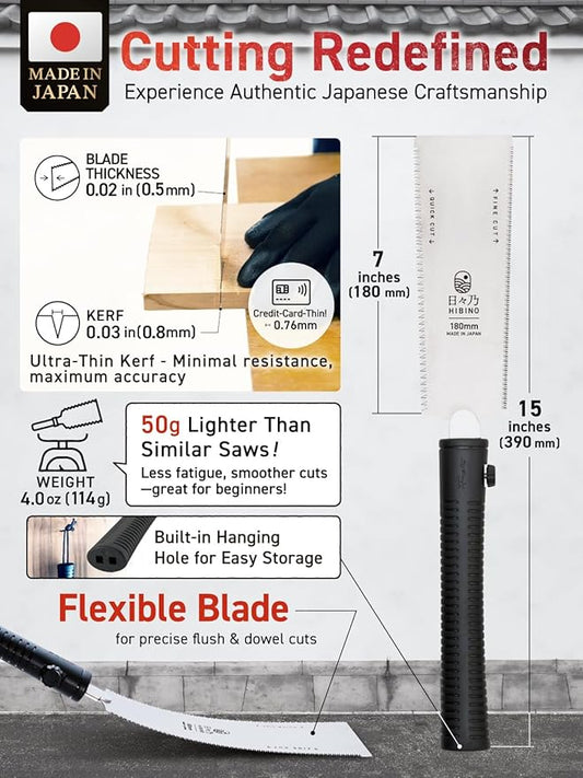 HIBINO Japanese Pull Saw 7” Ryoba Hand Saw | Quick-Cut & Fine-Cut Teeth | Compact, Double-Edge Blade for Precision Woodworking, Joinery & Detail Projects | Replaceable Blade | Made in Japan
