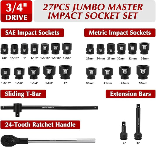 EMENTOL 3/4" Drive Jumbo Impact Socket Set, 27PCS, SAE (7/8"-2") and Metric (22mm-50mm),Shallow, 6-Point,Includes Ratchet Handle, Extension Bars, Sliding Breaker Bar, CR-MO