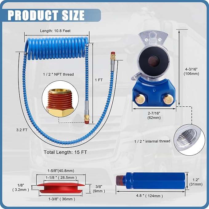 Semi Truck Air Brake Line Hose Coil Assembly Coiled Set Airline Blue Red Pigtail Trailer Air Hose,1/2" NPT DOT Fittings with Glad Hands & Grips & Rubber Seals (15' Length x 40" Tractor Lead)