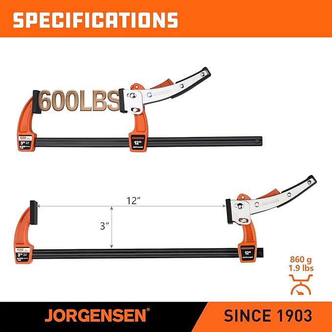Jorgensen 12-inch Bar Clamp Set, Ratcheting Bar Clamp for Woodworking, Quick Release Gear Clamp with 600 lbs Load Limit - 2 Pack