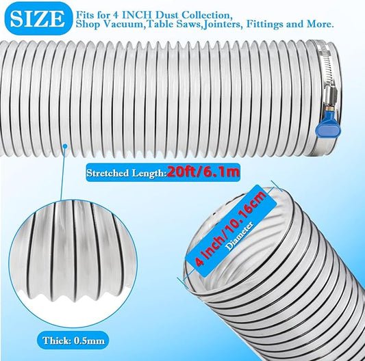4" x 20' PVC Dust Collection Hose,4 Inch Dust Collector Vacuum Hose for Woodworking Dust Collection Systems,Dust Collection Tube Flexible Clear PVC Fume Debris Collection Hose w/Carbon Steel Wire