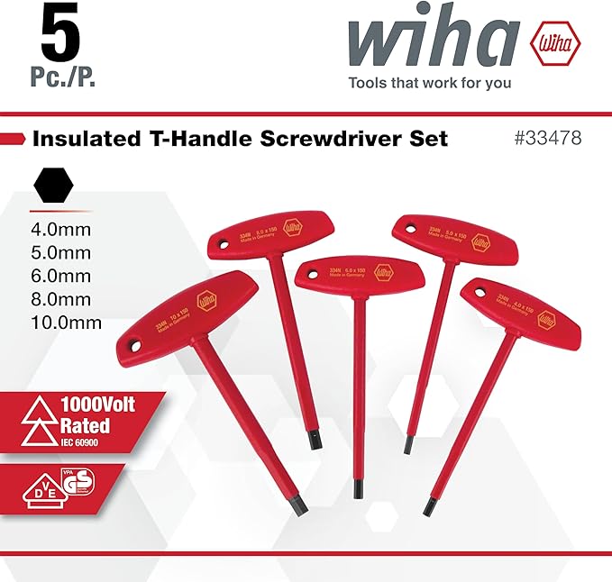Wiha 33478 Insulated T-Handle Hex Key Set, Metric 4??0mm, 5-Piece, 1000V VDE Tested