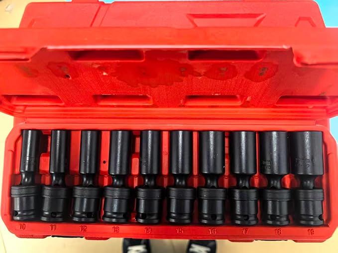 Drive Impact Universal Joint Socket Set, 6 Points, Deep Swivel Socket Set, Cr-Mo Steel. Heavy Duty Storage Case (Metric 3/8(Deep 10Pcs)