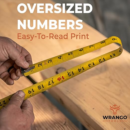 Wrango Tools 30 FT Tape Measure - Retractable Measuring Tape - Oversized & Double-Sided Print - Blade Lock, Finger Brake - High Performance Nylon Coating, 10' Stand-Out - 13' Reach / 1-1/16" Blade