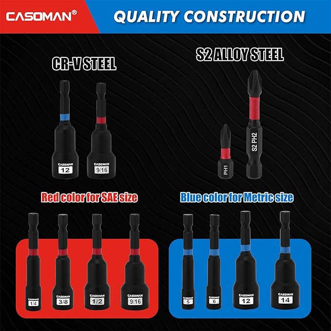 CASOMAN 68-Piece Magnetic Nut Driver Set for Impact Drill, Metric & SAE, Includes Screwdriver Bits, Quick-release Bit Extension Holder, Socket Adapters & Wing Nut Driver