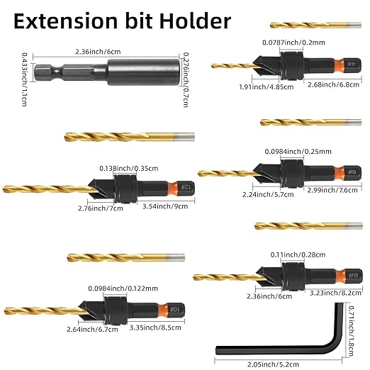 12Pcs HSS Adjustable Countersunk Drill Bits for Woodworking, Sizes #4, #6, #8, #10, #12, withMagnetic Extension Drill Bit & Storage Box, Professional Countersink Drill Bit Set