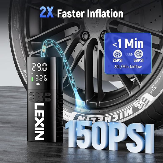 LEXIN P4 Tire Inflator Portable Air Compressor, 150PSI Electric Air Pump for Car Tires, w/Pressure Gauge&LED Light, 4000mAh Cordless Smart Pump for Car/Motorcycle/Bike/Bicycle/Scooter/Ball/Inflatable