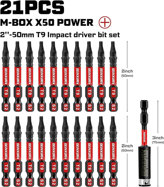 20Pieces 2inches T9 Impact Tough Magnetic Screwdriver Bit Set, #9 Torx Head Power Bits, S2 Alloy Steel Star Bits with 1pc Bit Holder and Storage M-Box