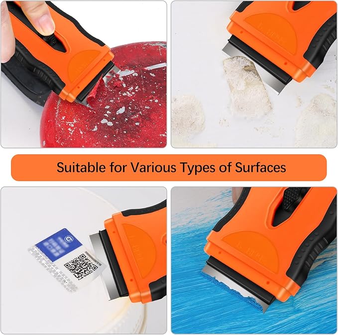 DEKEones Razor Blade Scraper, 1 Pack 2-in-1 Retractable Double-ended Razor Scraper Tool with Extra 5Pcs Plastic and Metal Razor Blades, Multi-Purpose Scraping Tool for Cooktop Oven (Orange)