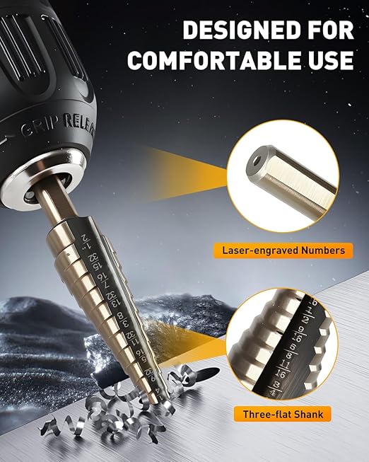 COMOWARE Step Drill Bit Set & Automatic Center Punch- Black and Gold, Double Cutting Blades, High Speed Steel, Short Length Drill Bits Set of 5 pcs, Total 50 Sizes with Aluminum Case
