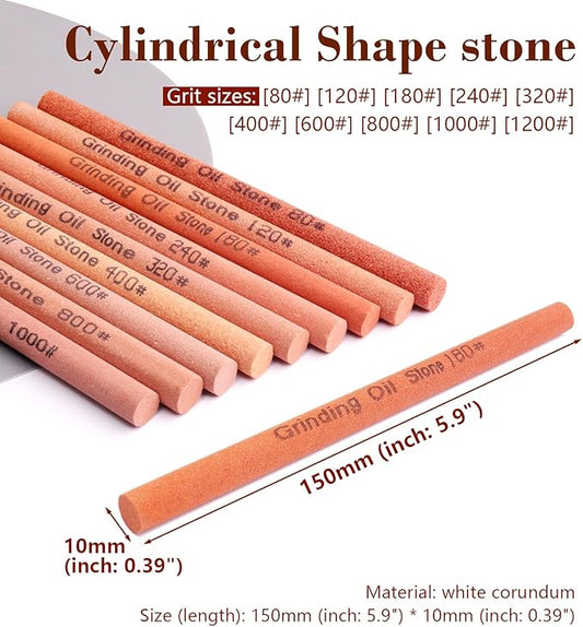 10pcs Sharpening Stone Set-10 Grit Cylindrical Assorted Sizes Whetstone Sharpener Polishing Honing Stone Kit 80# 120# 180# 240# 320# 400# 600# 800# 1000# 1200# (5.9x0.39inch)