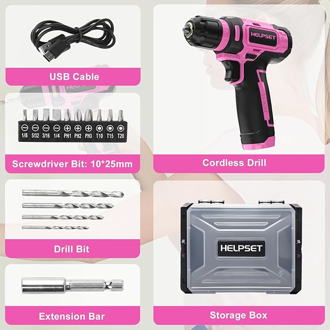 8V Cordless Drill Driver Set with 3/8" Keyless Chuck, 15pcs Bits, Type-C Charging, Built-in LED and Variable Speed for Drilling and Screwing, Toolbox (Pink)