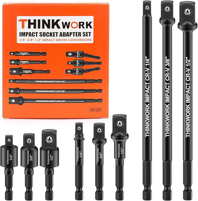 THINKWORK Impact Socket Adapter Set, 1/4" 3/8" 1/2" Drill Socket Adapter Set, 1/4" Hex Shank for Cordless Impact Driver Power Drill 9 Piece