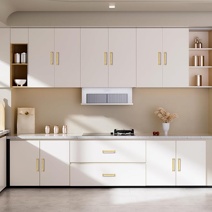 Probrico 30 Pack Square Cabinet Pulls 6-1/4 Inch Brushed Brass Cabinet Handles for Kitchen, Gold Kitchen Hardware for Cupboard, Modern Brushed Brass Drawer Pulls Drawer Handles Inside