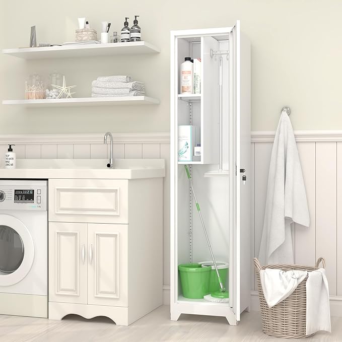 GREATMEET Broom Closet Storage Cabinet, 65'' Slim Metal Single Door Lockable Cleaning Storage Cabinet for Brooms, Mops & Cleaning Supplies, Utility Storage Cabinet for Garage, Laundry Room, White