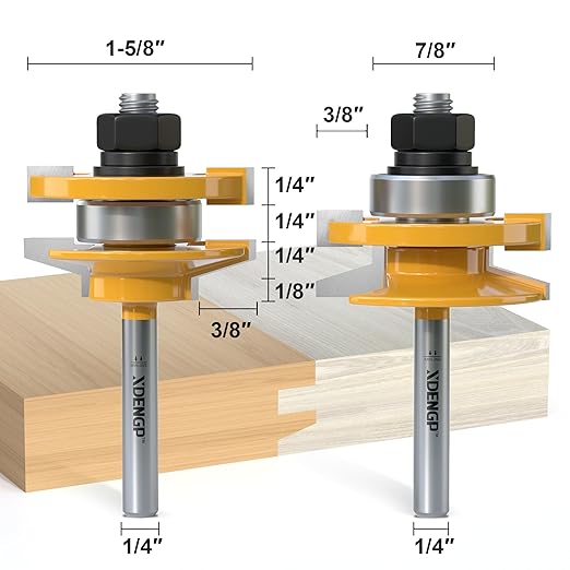 2PCS Bevel Style Rail and Stile Router Bits Set 1/4 Inch Shank, 3/8 Inch Cutting Depth, Up to 7/8 Inch Stock, Kitchen Cabinet Door Frame Shaper Cutters Raise Panel Making Router Bit Set
