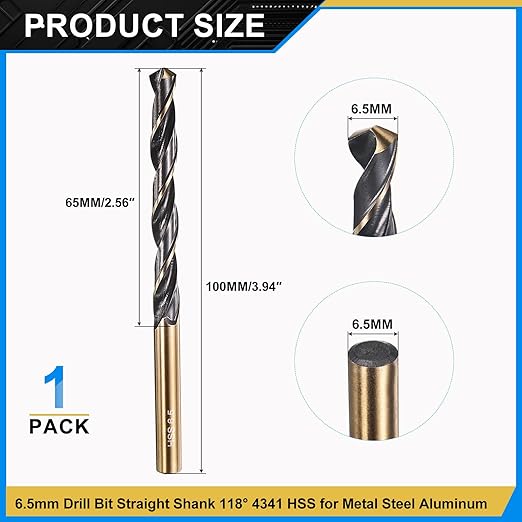 PATIKIL 6.5mm Drill Bit, Jobber Straight Shank 4341 High-Speed Steel 118째 Black and Gold Finish for Medium-Hard Metal Steel Acrylic - 1 Pack