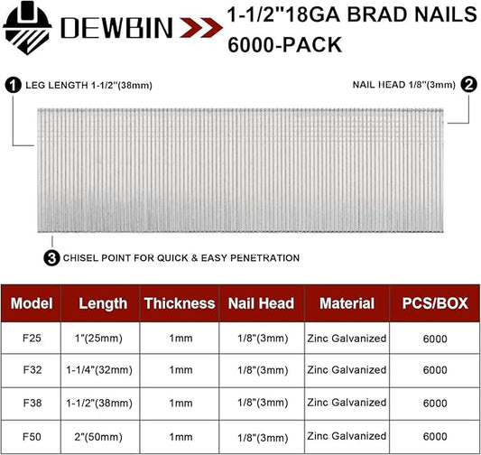 18 Gauge Brad Nails, 6000 Counts 1-1/2-inch 18 GA Brad Nails, Galvanized Nails for Nail Gun, Finishing Nail Gun Nails for Pneumatic, Electric Brad Nailer Gun