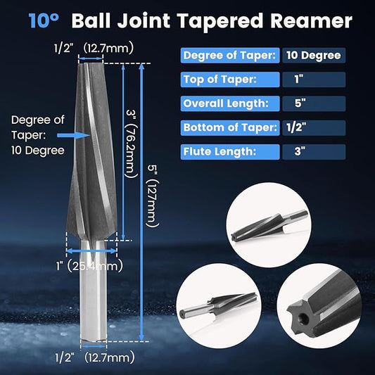 10 Degree Ball Joint Tapered Reamer,6542 High-Speed Tool Steel Tapered Ball Joint Reamer,Tapered Reamer Tie Rod For 2" Per Foot,10 Degree Tapered Reamer