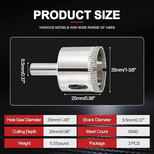PATIKIL 3pcs 1-3/8" (35mm) Diamond Hole Saw, Glass Diamond Hole Cutters Hollow Core Drill Bits for Fiberglass, Tile, Porcelain, Ceramic