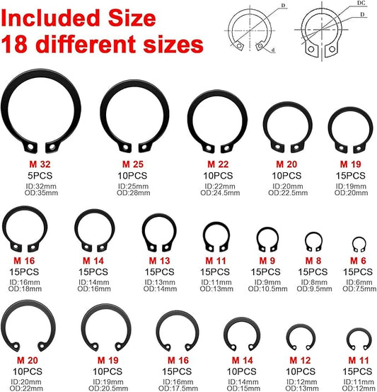 WISEUP Snap Ring Pliers Set With 225pcs Retaining Ring Set, 4PCS-7 inch Circlip Pliers Kit,Straight/Bent Jaw Pliers Tips C-Clip Pliers for Ring Remover with Storage Pouch