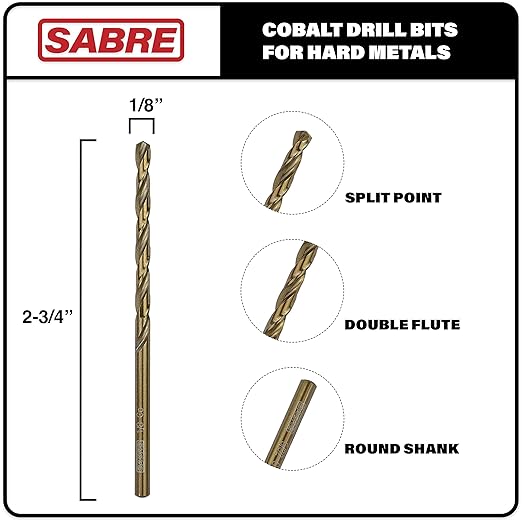 1/8 Inch Cobalt Drill Bit Set - 5pcs M35 for Metal, Steel, Hard Metal, Cast Iron - Split Point Tip (1/8" x 2-3/4")