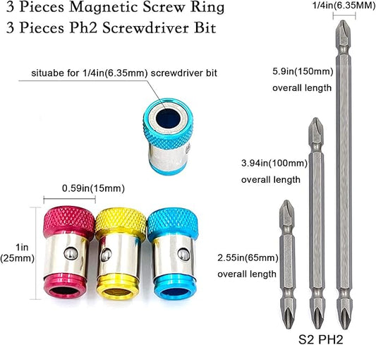 3 Pieces Magnetic Screw Ring With 3 Pieces Ph2 Screwdriver Bit Set 65/100/150mm,Magnetizer Screw Removable For 1/4 Inch/6.35mm Hex Screwdriver and Power Bits (MIX)