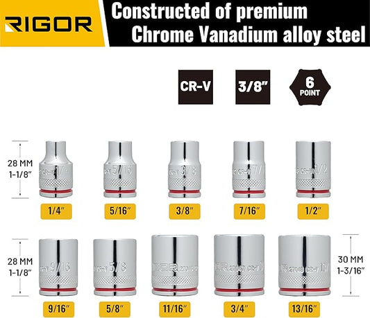 RIGOR 27038 Max-Grip Non-Slip Standard Socket Set, 10-Piece | Anti-Slip Chrome Vanadium Sockets | 3/8-Inch Drive, 6 Point, SAE | Include Durable Plastic Socket Rail.
